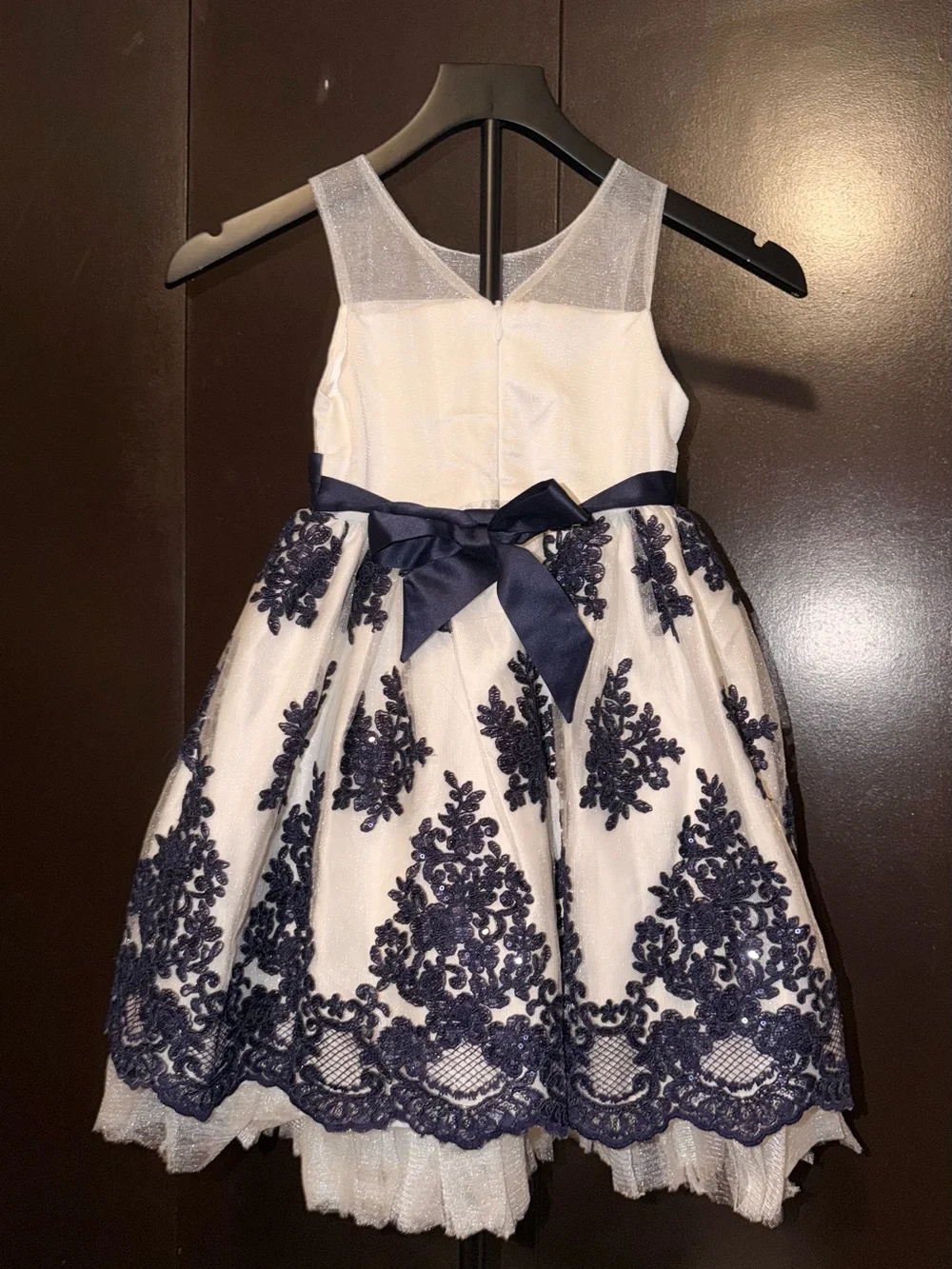 American Princess Girls White and Navy Lace Floral Embroidered Party Dress sz 6